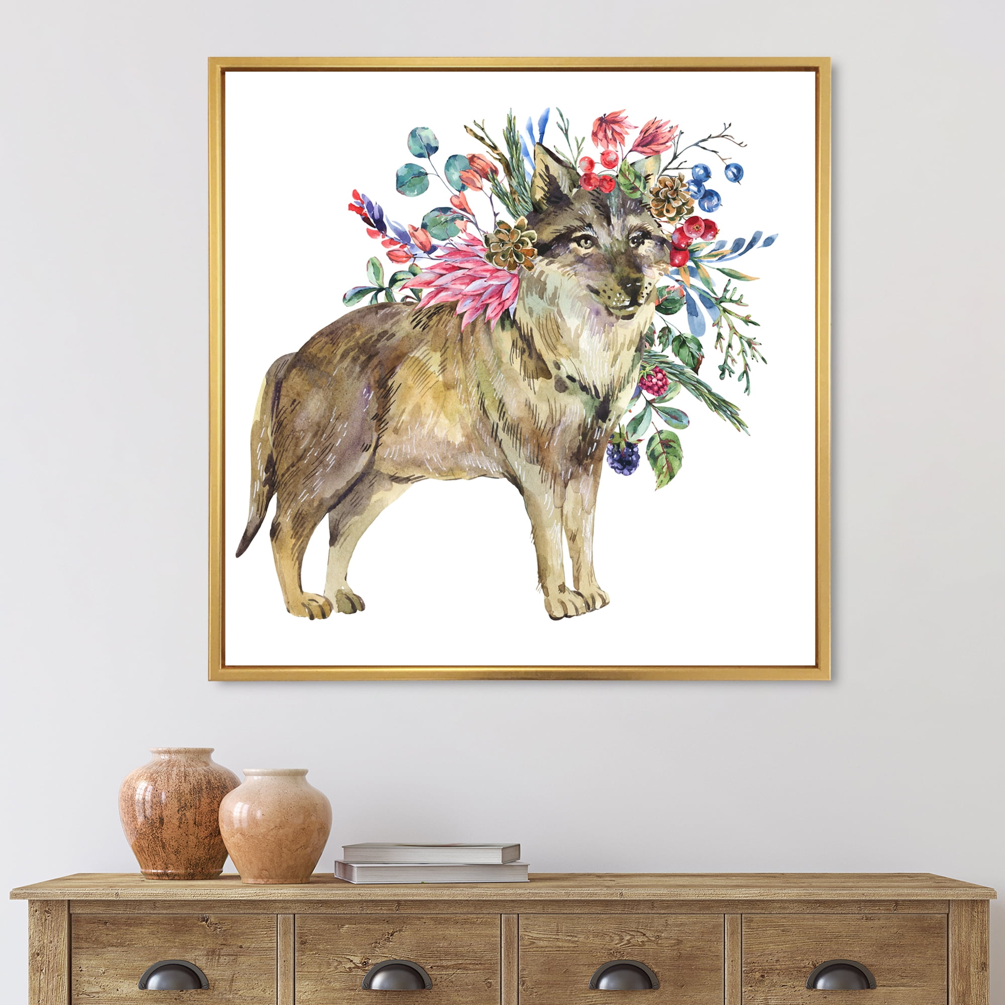 Designart 'Wolf With Woodland Flowers On White' Farmhouse Framed Canvas Wall Art Print