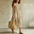 thumbnail image 4 of Women Solid Sleeveless Pleated Midi Dress, Front Button Split Flowy Long Dress, Summer Casual Vacation Sundress Khaki XL(XL), 4 of 6