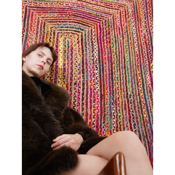 Rugsotic Carpets Hand Braided Cotton & Jute 3'x3' Square Area Rug Contemporary Dark Multicolor DCJ111