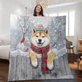 thumbnail image 2 of Playful Akita Welcomes Winter Snowy Day with Cardinal Bird Quilt Blanket Inu Dog Lover Cozy Comforter Throw Blanket - 12017, 2 of 5