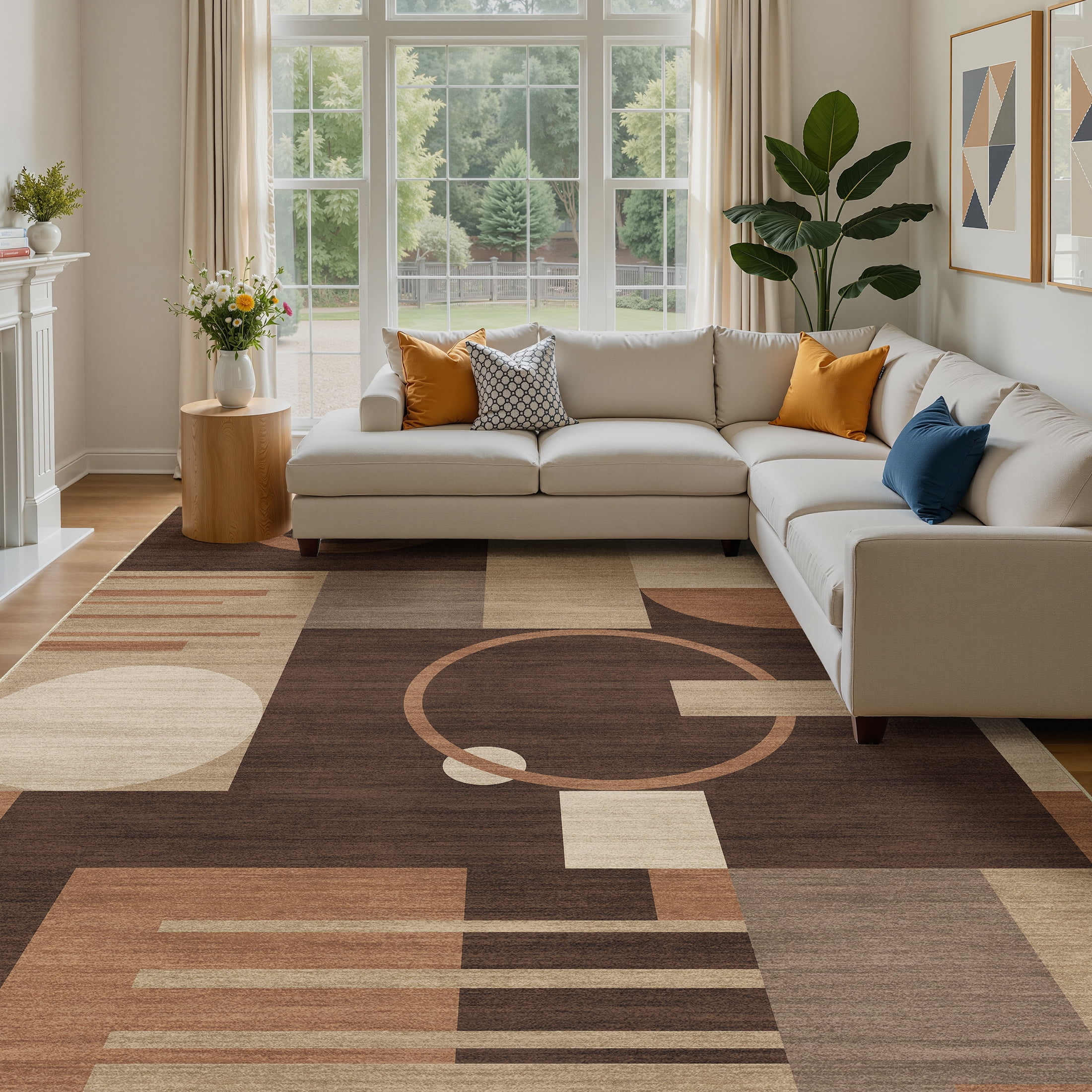 MICGEEK 8x10 Washable Area Rugs for Living Room, Modern Geometric Printed Rug, Vacuum-Friendly, Non Slip Indoor Rug for Bedroom Dining Room Home Decor Carpet, Brown/Beige