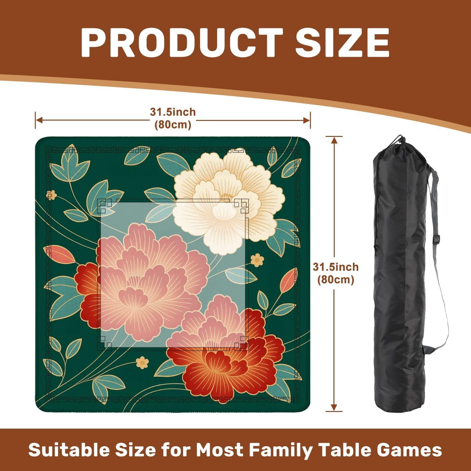 Mahjong Mat 31.5" x 31.5" Traditional Oriental Chinese New Year Decoration Japan Kimono Non-Slip Noise Reduction Mahjong Tiles Table Cover for Dominoes Poker Card Board and Tile Games