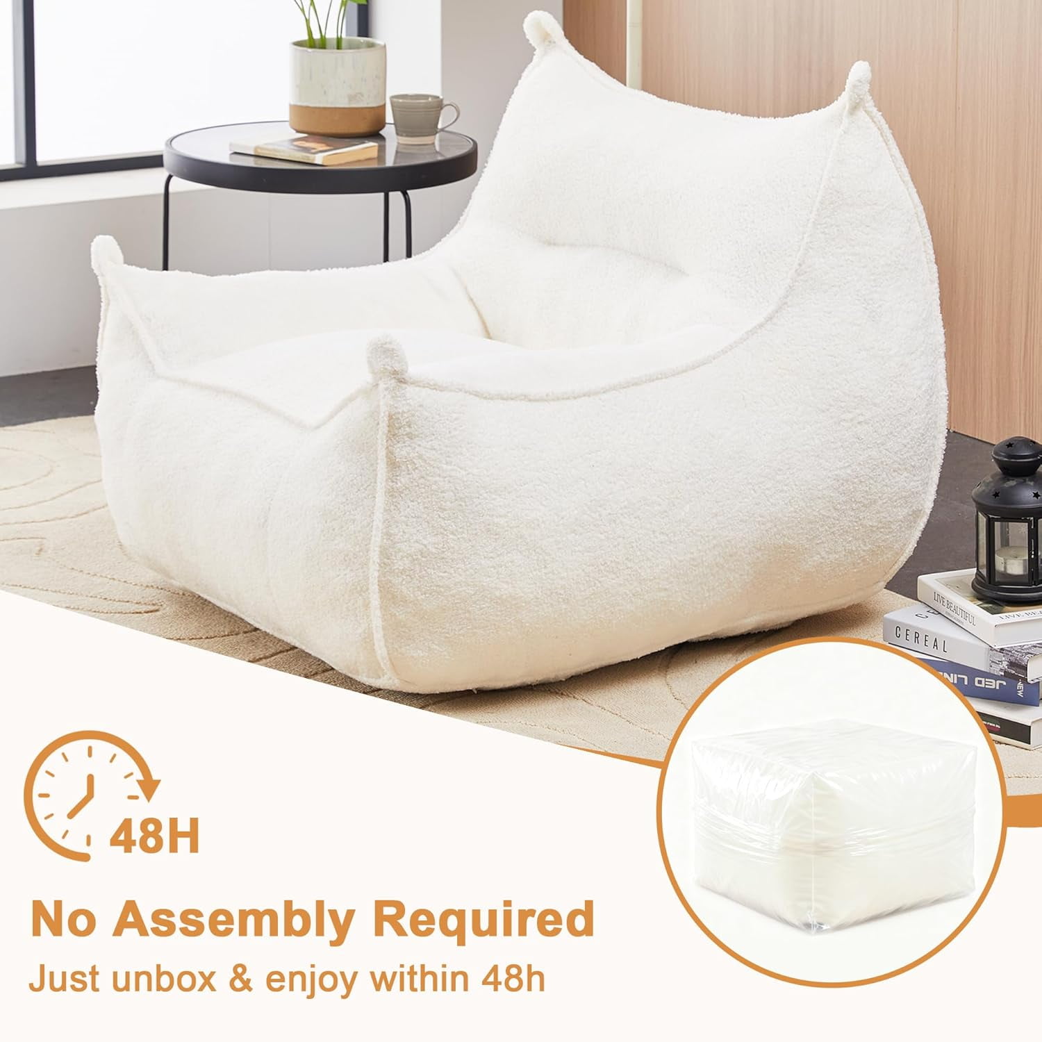 Giant Oversized Bean Bag Chair for Adults and Kids with Filler, Beige Boneless Sofa in a Box for Living Room or Bedroom