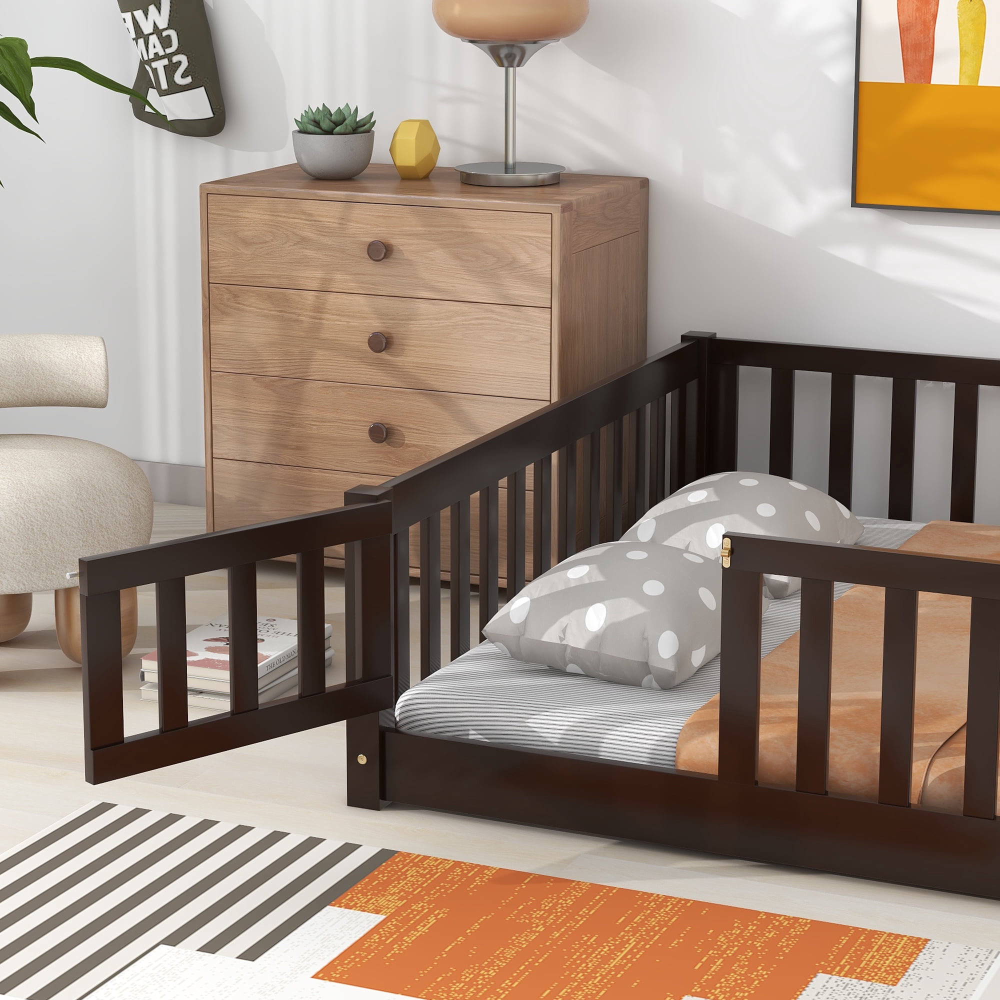 Bellemave Full Size Floor Beds with Door, Wood Montessori Bed with Fence Railings & Support Slats, No Box Spring Needed (Espresso)