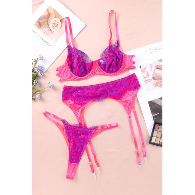 ABPHQTO Conjunto de lencería de contraste de encaje de bloque de color rosa de 3 piezas para mujer con liguero