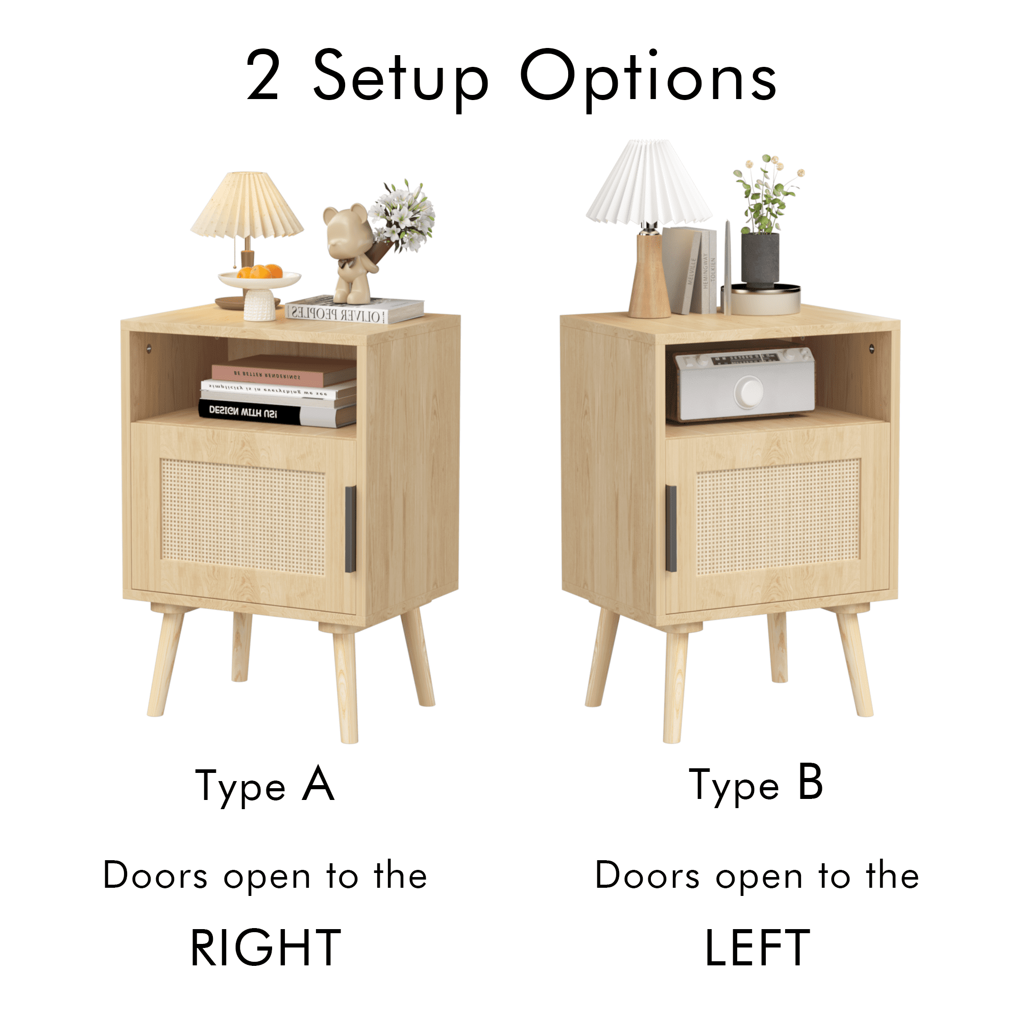 Yoneston Rattan Nightstand with Open Shelf Natural Bedside Table for Bedroom, Dorm and Small Spaces, Beige