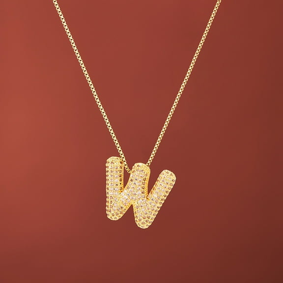 1pc Brass Micro Pave Clear Cubic Zirconia Initial Necklaces for Women Golden Letter W 15.75 inch(40cm)
