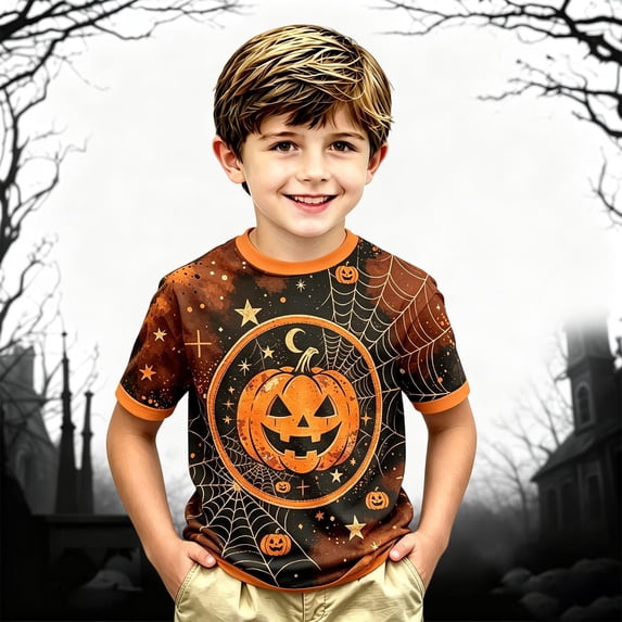CONZONE Halloween Little Boys Tshirts Short Sleeve Pumpkin Graphic Tees for Boys Crew Neck Spooky Season Casual Tops