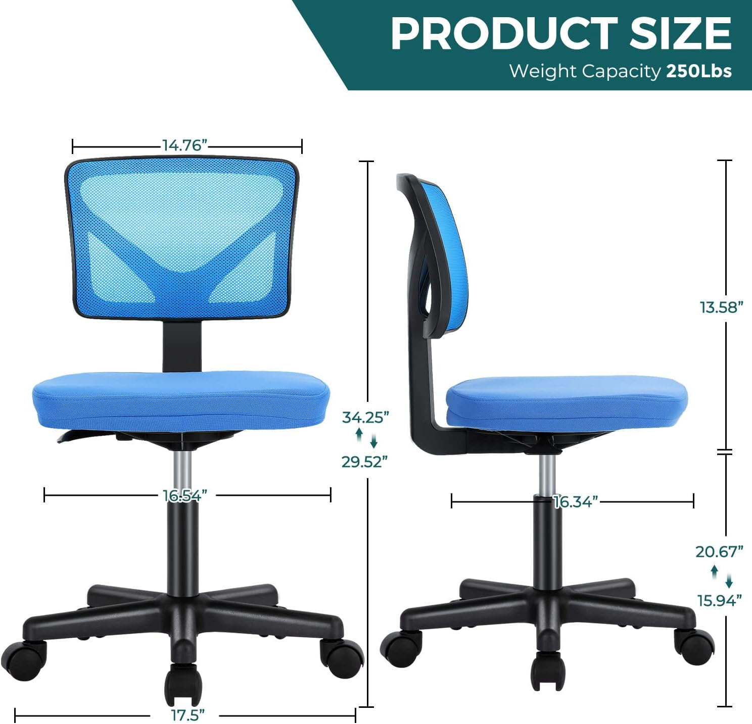 Armless Mesh Office Chair, Ergonomic Low-Back Swivel Desk Chair with Wheels and Lumbar Support, Height Adjustable, Blue