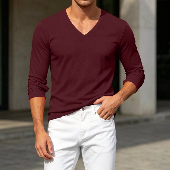 CQONEPT Big and Tall 3/4 Sleeve Shirts for Men Casual Soft Breathable Full Sleeves Mens V Neck T Shirts Workout Pullover Shirt Wine 3XL
