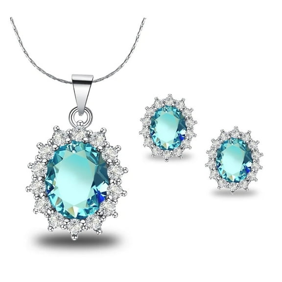 Paris Jewelry 14k White Gold 3 Ct Created Aquamarine Oval 18-inch Necklace & Earring Set plated