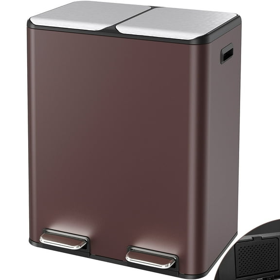 Pirecart 16 Gallon Dual Trash Can Stainless Steel Step Garbage Can Rubbish Bin with Soft-Close Lid, Brown