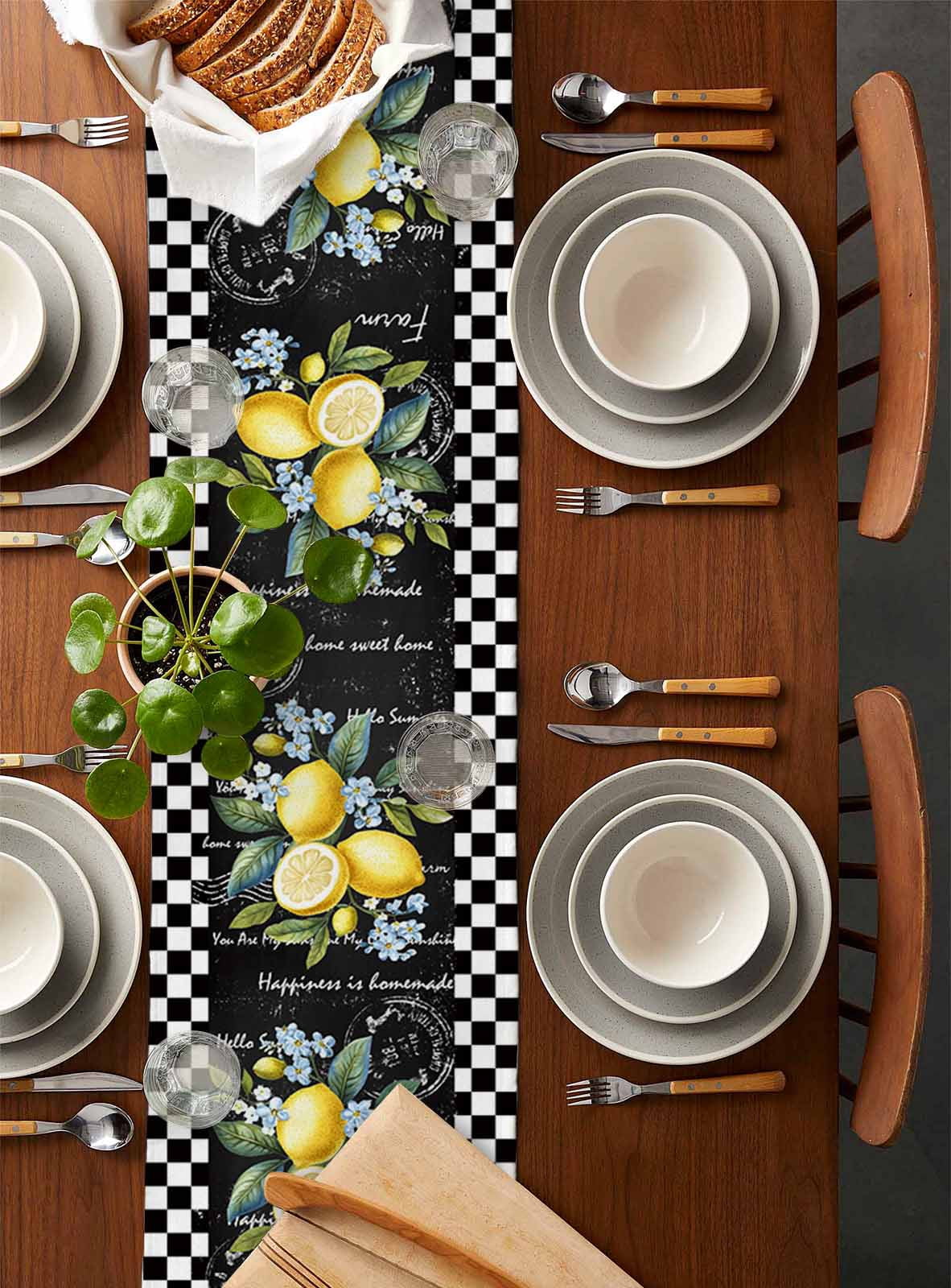 Summer Lemon Burlap Cotton Table Runner 13x90 Inches Long, Vintage Black Plaid Blue Spring Floral Farmhouse Table Runners, Outdoor Dining Tablecloths Decor for Baby Shower/Party/Wedding
