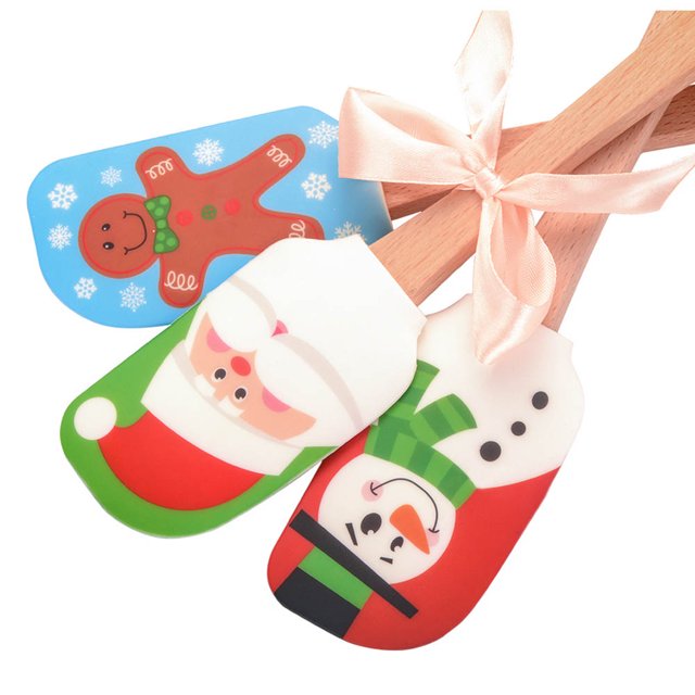 Juego de 3 espátulas navideñas de silicona con mango de madera, diseño de muñeco de nieve, hombre de jengibre y Papá Noel
