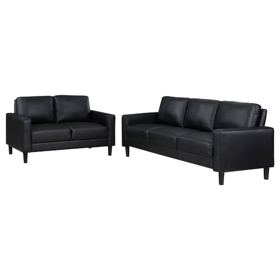 Benjara Rumi 2pc Sofa and Loveseat Set- Modern Track Arms- Black Faux Leather