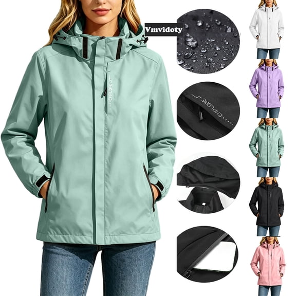 Vmvidoty Plus Size Waterproof Windproof Jackets Womens Full-zip Outdoors Hiking Hooded Windbreaker Coat with Pockets Green L
