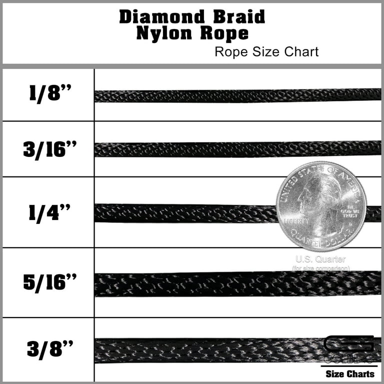 Golberg Diamond Braid Utility Nylon Rope - All-Purpose Rope - 1/8, 3/16,  1/4, 5/16, & 3/8 Diameters - Choose Color and Length from 10-1000 Feet