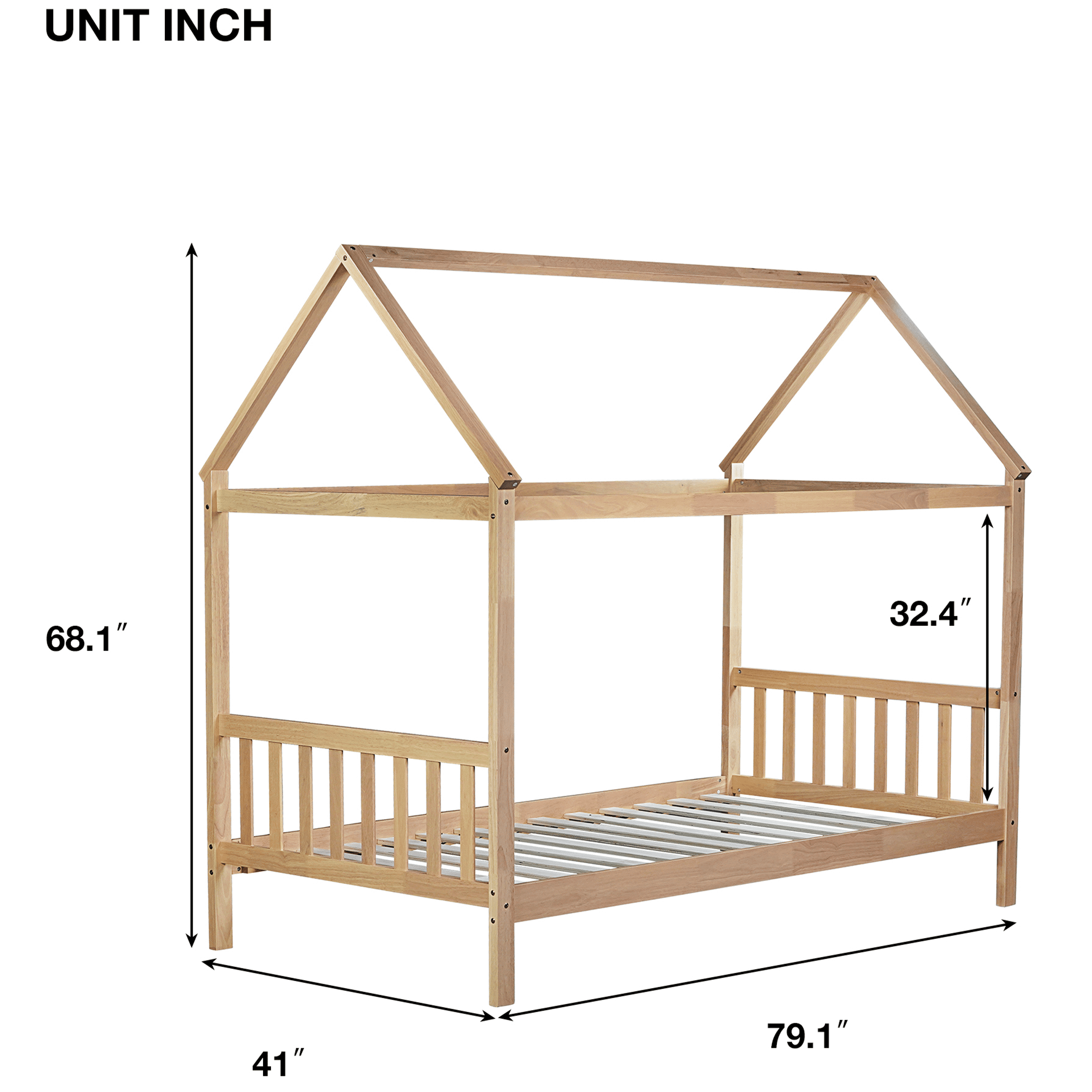 SESSLIFE House Bed with Fence, Wood House Bed, Floor Bed Frame, Twin Canopy Bed for Bedroom, No Box Spring Needed (Natural)
