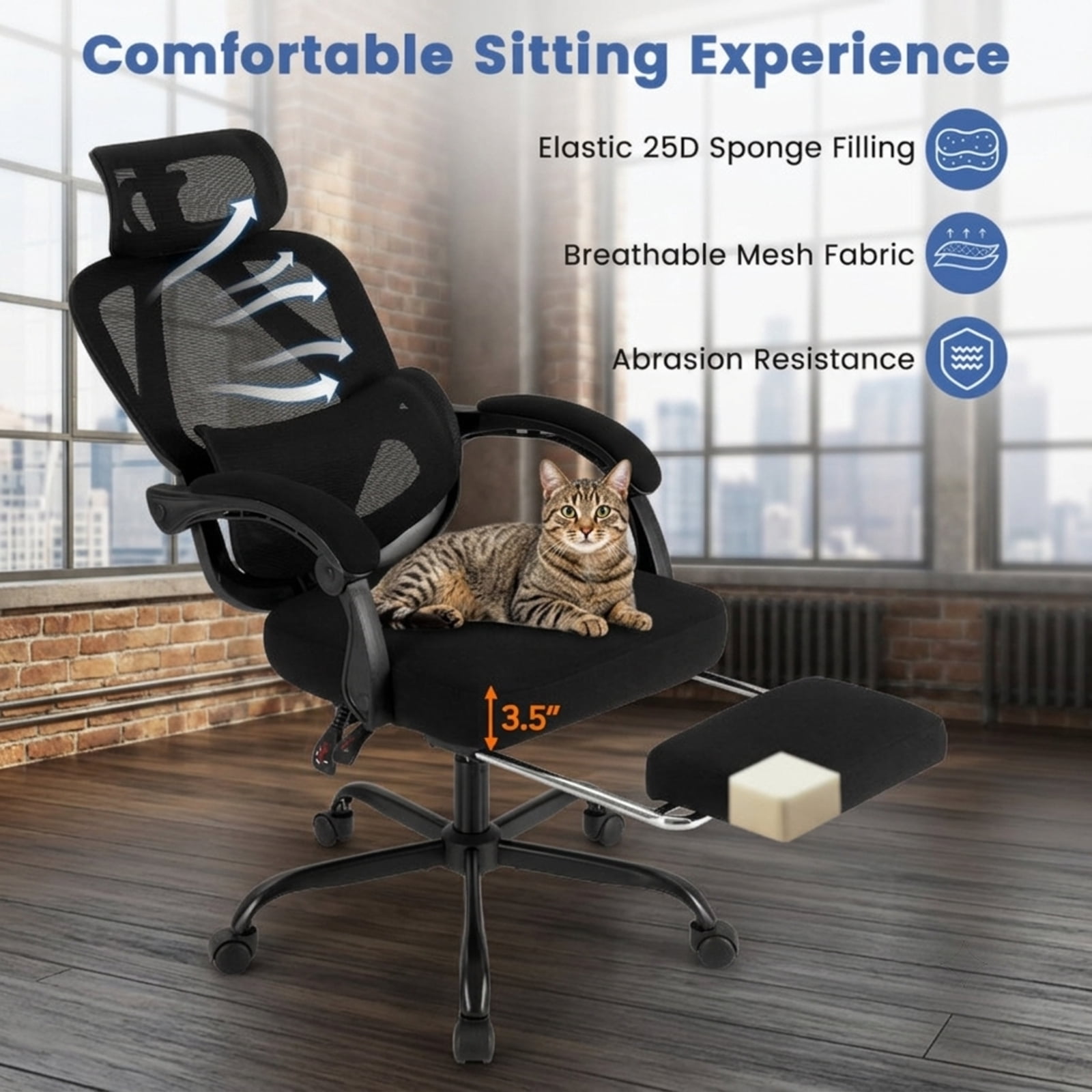 Furnibear Ergonomic Office Chair High Back Mesh Desk Chair with Retractable Footrest Adjustable Headrest and Lumbar Support, Black