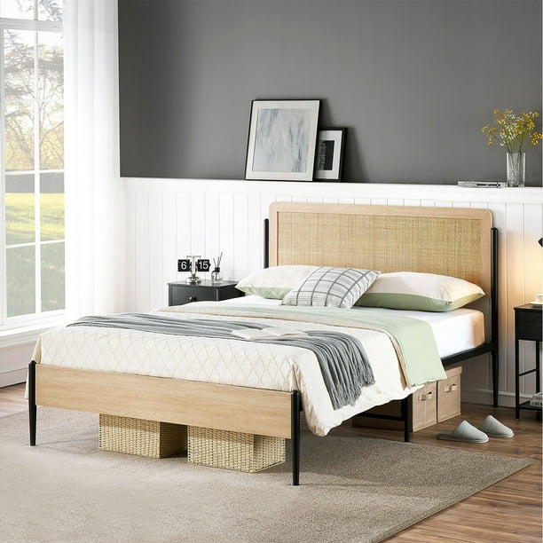 Yartaka Queen Size Bed Frame with Rattan Headboard, Platform Bed Frame