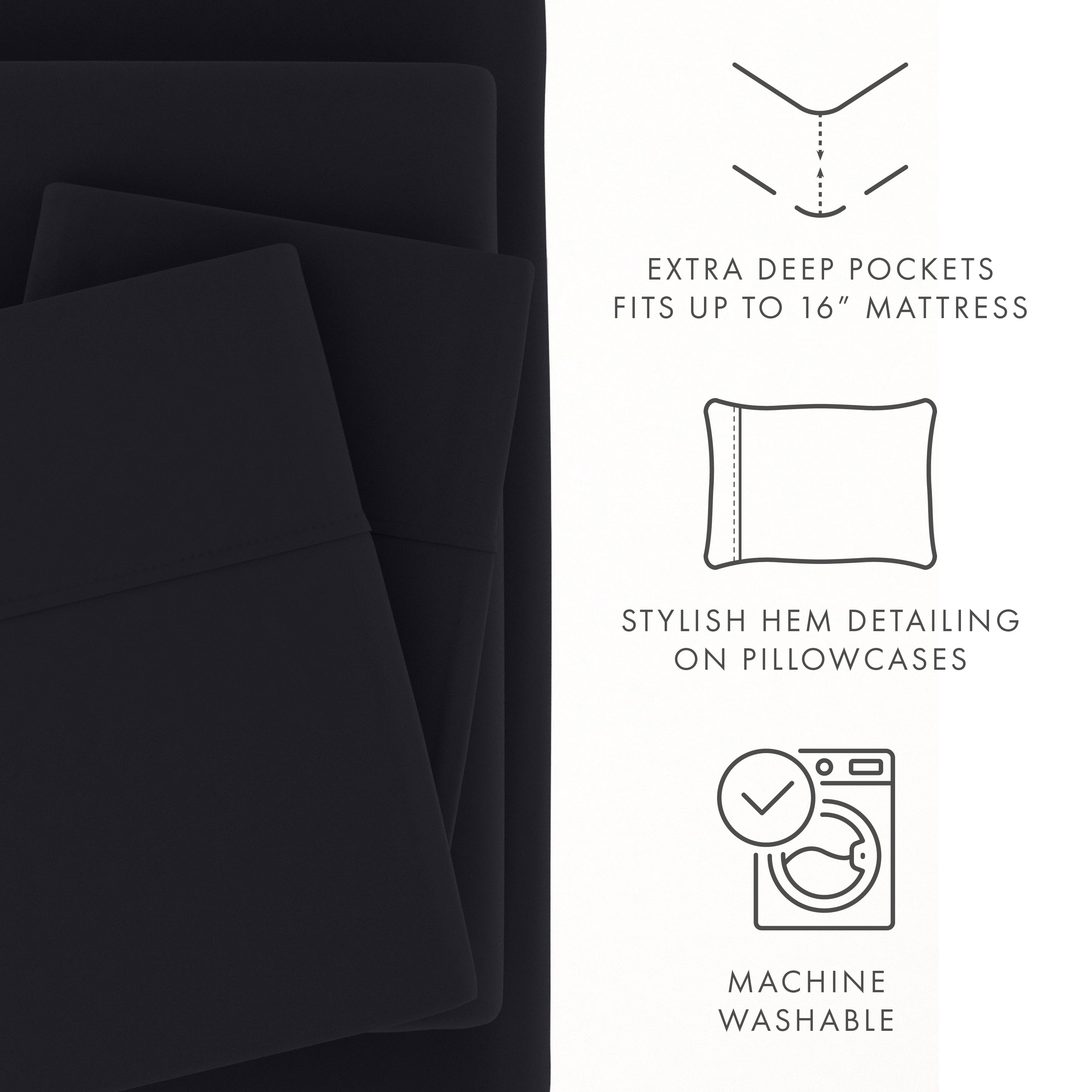 Noble Linens 4 Piece Solid Microfiber Bed Sheet Set, Black, Queen