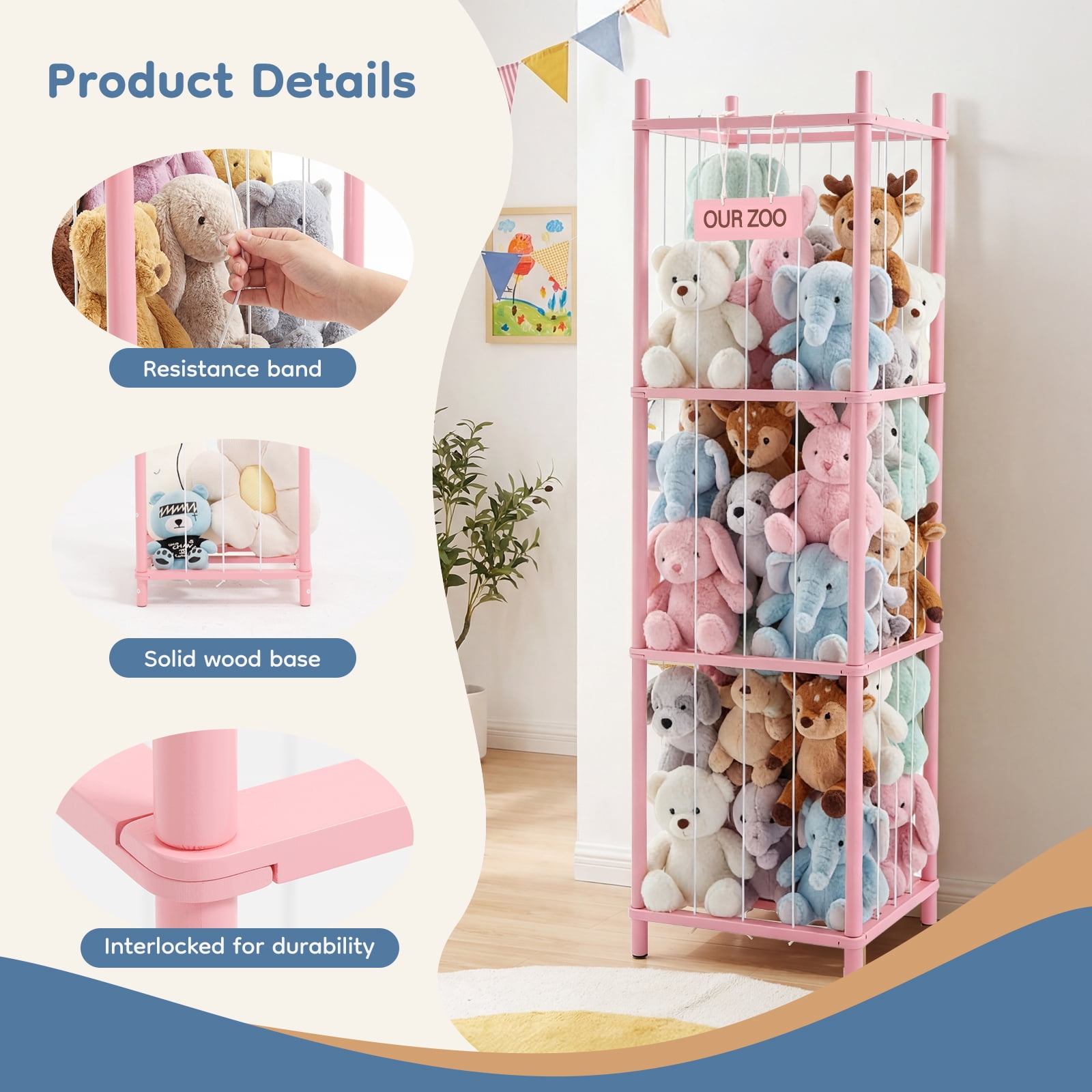 CONCETTA Toy Storage Organizer, Wooden Toy Holder Cage - Holds 40+ Plush Toys, Sturdy Wood & Steel Screw Construction for Toddler Room, Playroom, Bedroom, Pink