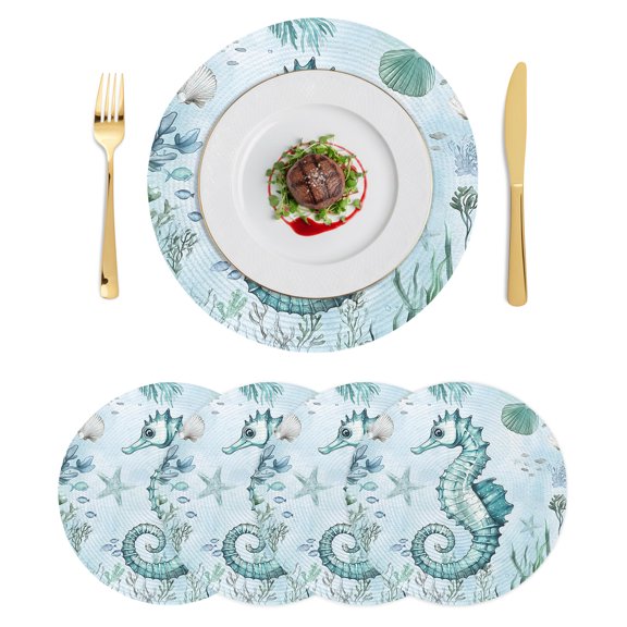 Round Placemats Summer Ocean 15 inch Set of 4 Table Mats for Dining Table Coastal Seahorse Shell Coral Heat Resistant Non-Slip Kitchen & Home Decorative Place Mat Set