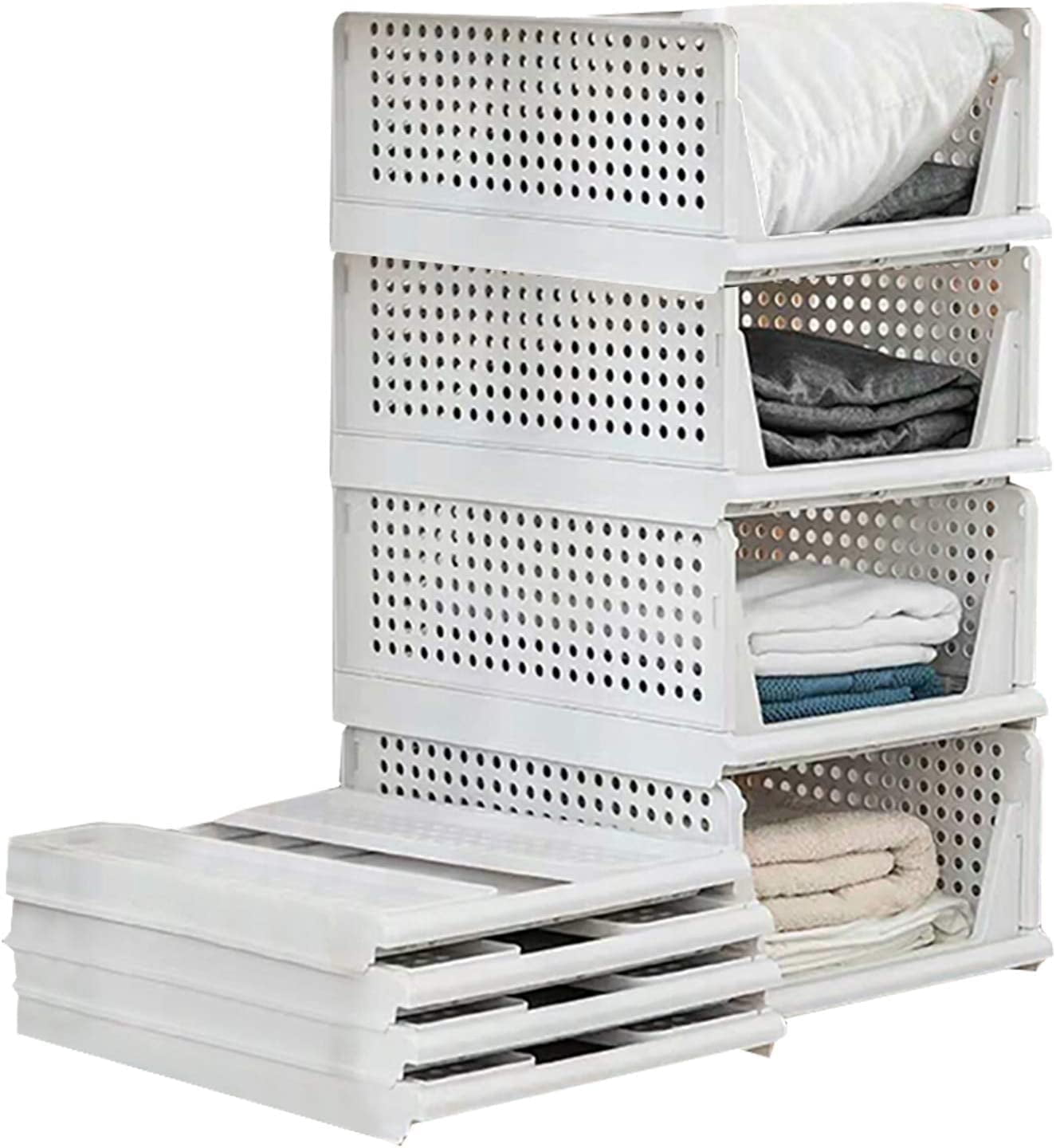 Triani 4 Pack Folding Wardrobe Storage Box Drawer Shelf Storage Container Foldable Closet Organizers and Storage Bins for Wardrobe Cupboard Kitchen Bathroom Office-White