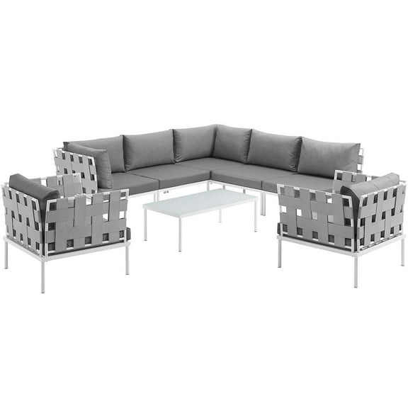 Modern Contemporary Urban Design Outdoor Patio Balcony Eight PCS Sectional Sofa Set, Grey White Gray, Rattan