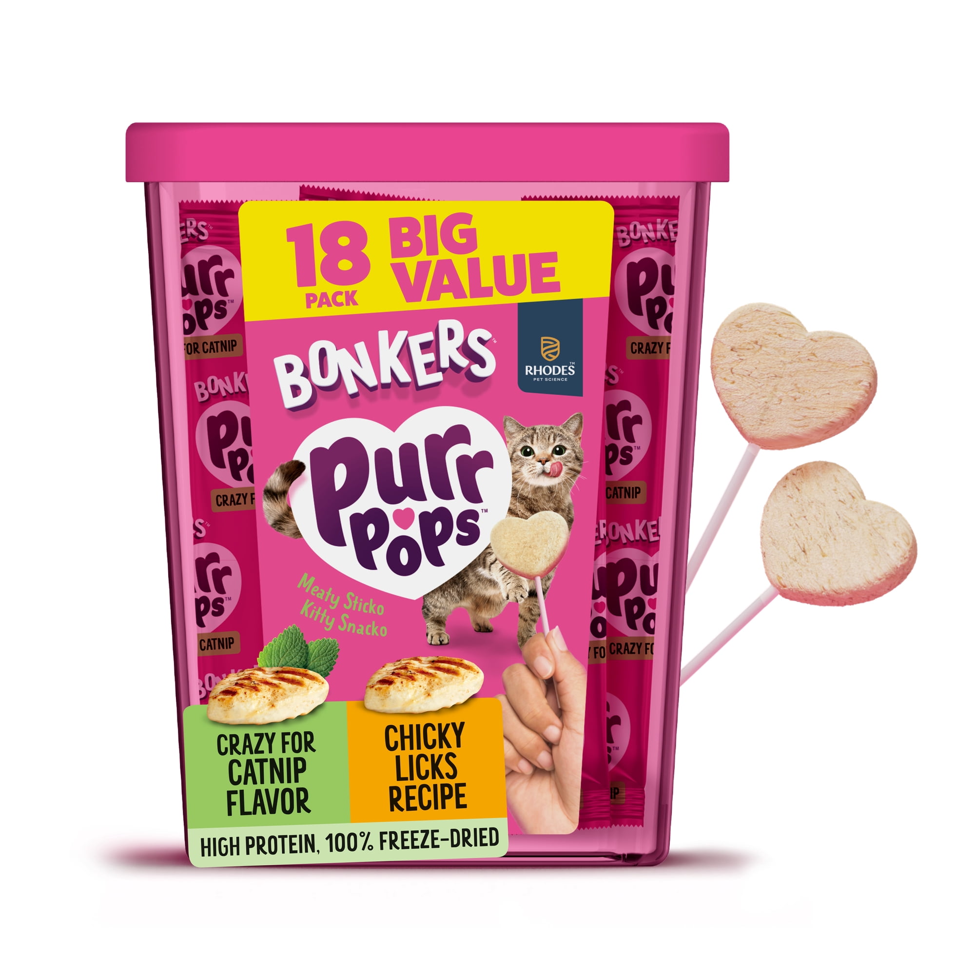 BONKERS Purrpops, Freeze Dried Chicken & Dried Catnip Lollipops Cat Treats, 18 Pieces