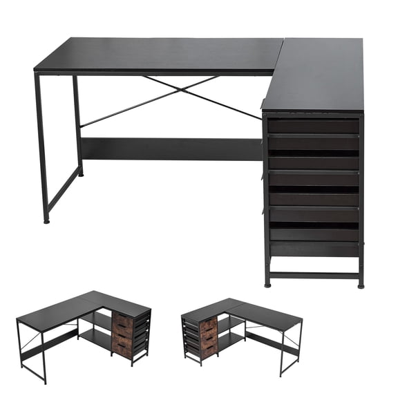 KFFKFF L-Shaped Computer Desk, 59-inch Reversible Corner Desk with Storage Drawers & Shelves, Modern PC Table for Home Office or Gaming Setup - Simple Assembly