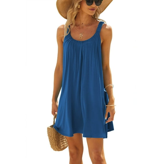 Pop Seller Women's Summer Sexy Suspender Dress Sleeveless Solid Color Dress Mini Sling Dress Dark Blue L