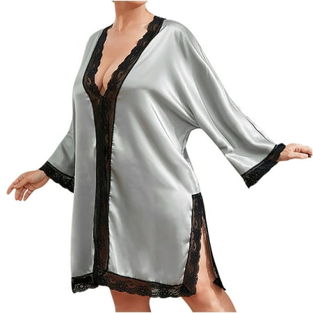 

Satin Nightgowns for Women Silk Sleepwear Lace Trim Deep V Neck Sleepshirt Long Sleeve Side Slit Sexy Nightshirts