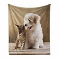 thumbnail image 1 of Animal Soft Flannel Fleece Throw Blanket, Baby Cat Kitten and Puppy Dog Best Friends Image Photo Artwork, Cozy Plush for Indoor and Outdoor Use, 70" x 90", Sand Brown White, by Ambesonne, 1 of 6