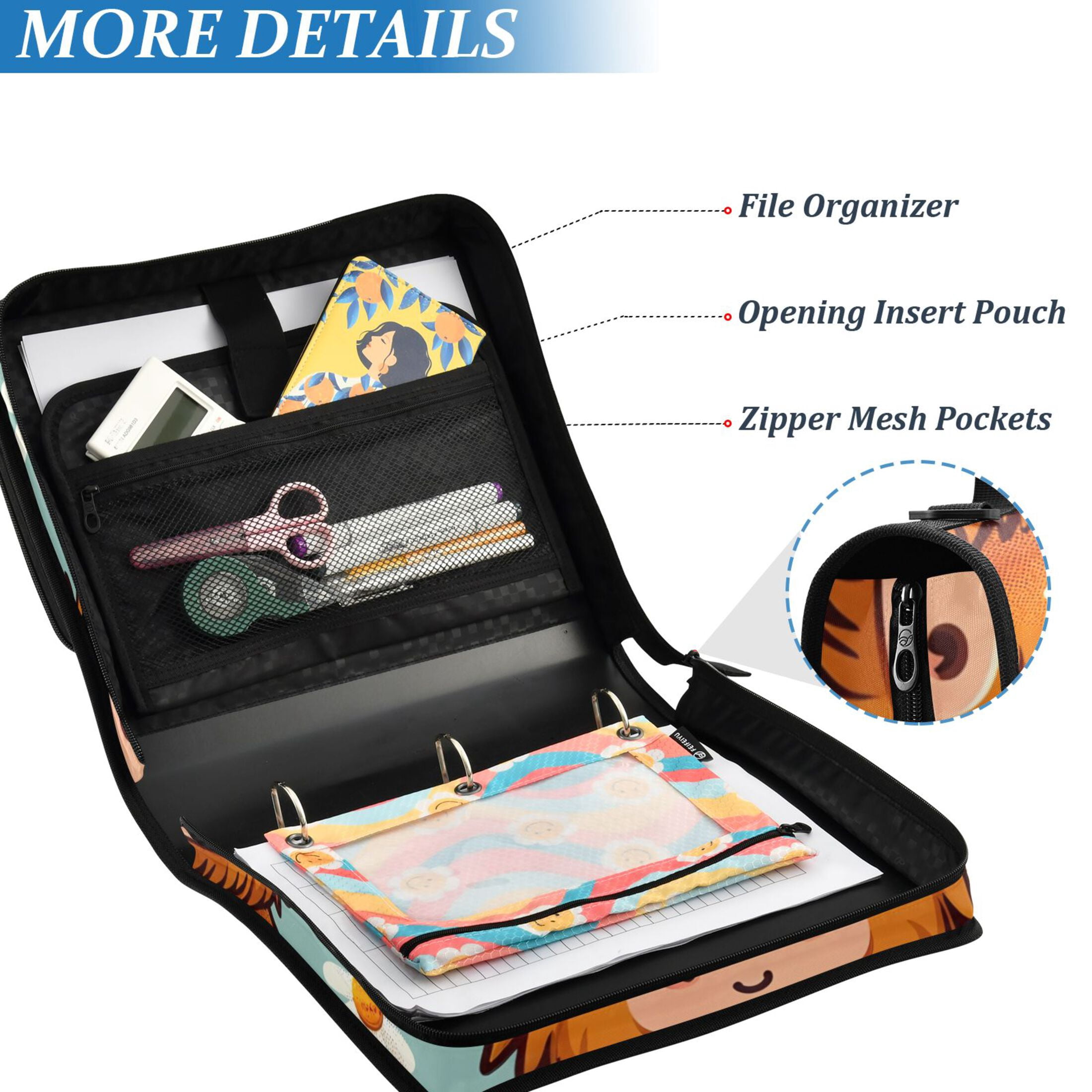 ALAZA Zipper Binder Cute Cow with Daisy 3 Ring Trapper Keeper File Folder Organizer Bag
