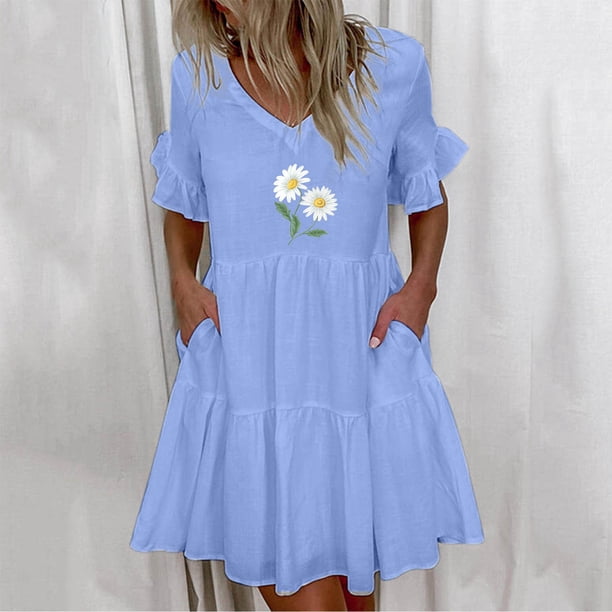 Puntoco Vestido De Manga Corta Con Cuello En V, Vestido De Verano Casual Estampado De Manga Corta Con Cuello En V Y Bolsillo Para Mujer, Color Azul Xl