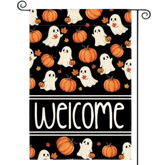Sm:)e Welcome Maple Leaf Ghost Pumpkin Halloween Garden Flag 12 x 18 Inch, Double-Sided Printing, Outdoor Welcome Decor for Yards