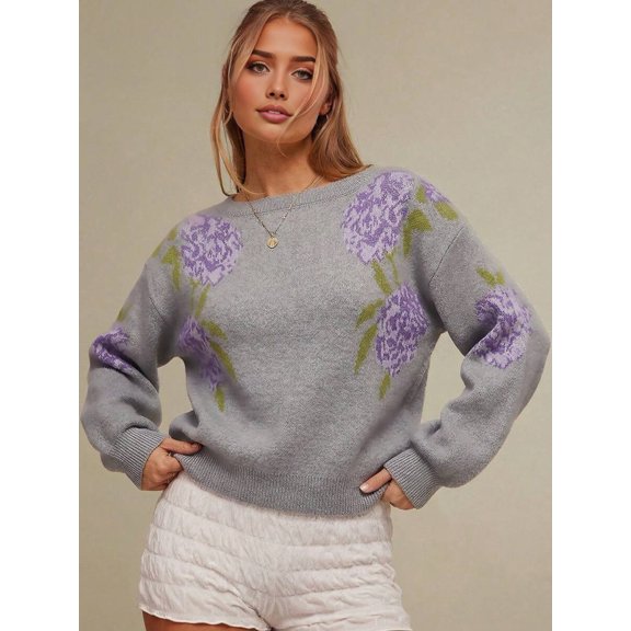 Womens Crew Neck Floral Jacquard Cropped Knit Pullover Gray S