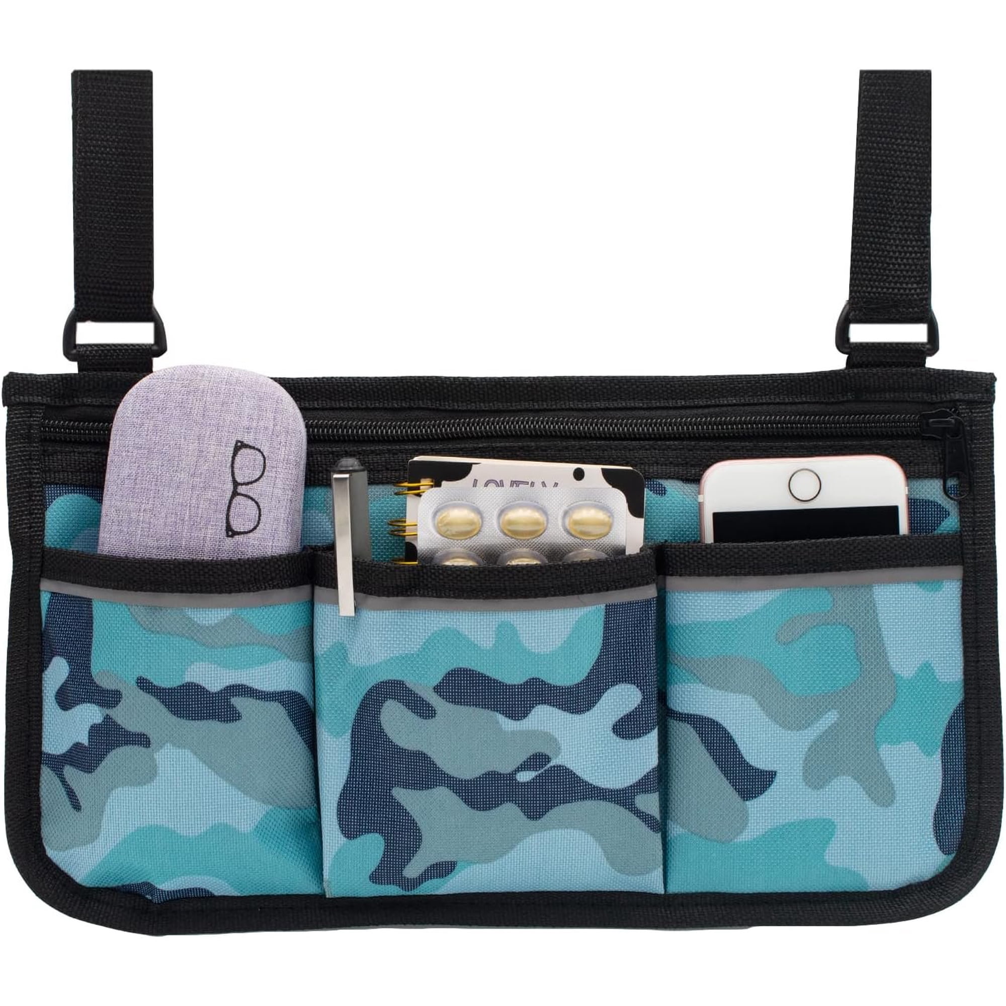 Side Bag, Accessories, Armrest Bag Storage Pouch to Hang Side, with Reflective Stripes, Fits Mobility Scooter, Walker, Rollator, Floral Design ()