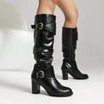 thumbnail image 3 of Slouchy Wide Mid Calf Boots for Women 2025 Winter Fall Leather Buckle Slouch Block Heeled Knee High Tall Boots Black, 3 of 6