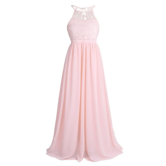 Hansber Robe de Demoiselle d'Honneur pour Enfants, Dos Nu, Chiffon, Longue, Fête, Junior, Mariage, Soirée, Bal, Maxi, Robe, Rose Perle, 10