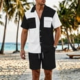 thumbnail image 2 of HBGVBA Men Color Blocked Casual Beach Breathable Elastic Waist Shorts Button Lapel 2 Pocket Short Sleeve Shirt 2 Piece Beach Set, 2 of 5