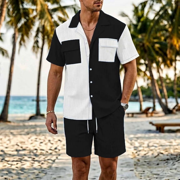 Xdegoge 2 Piece Sets for Men Summer Short Sleeve Collared Button Down Shirt and Drawstring Shorts Outfits Color Block Casual with Pockets Vacation Beach Clothes