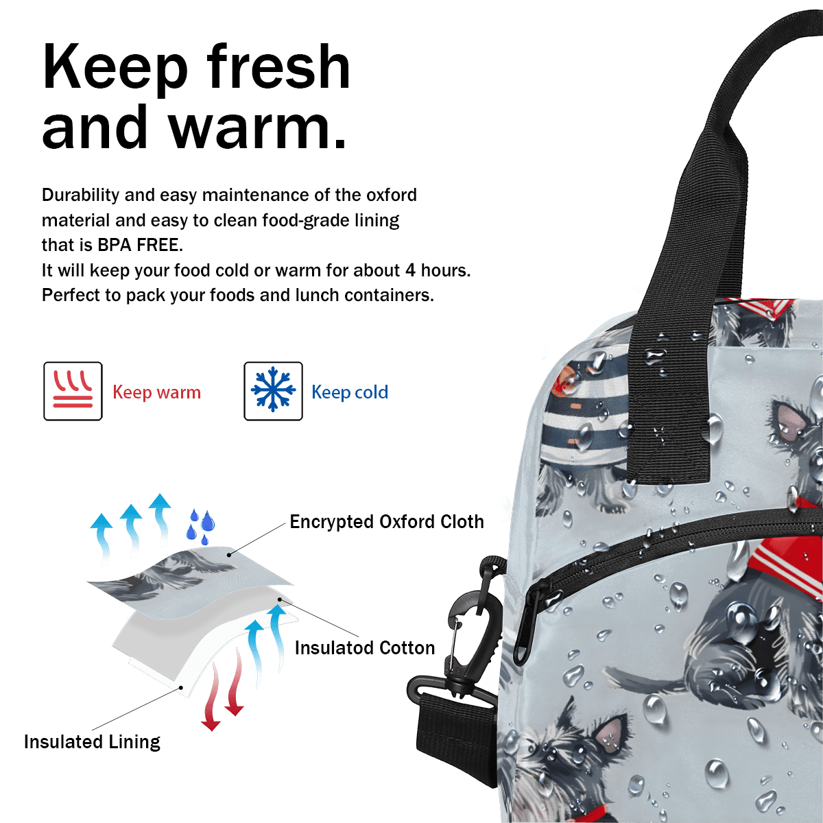 Herdesigns Cute Dog Scottish Terrier Insulated Lunch Bag for Women Men Adults Large Reusable Lunch Box Leakproof Portable Cooler Tote Bags with Adjustable Shoulder Strap