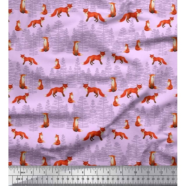 Soimoi Purple Poly Georgette Fabric Cedar Tree & Fox Animal Decor Fabric Printed Yard 52 Inch Wide