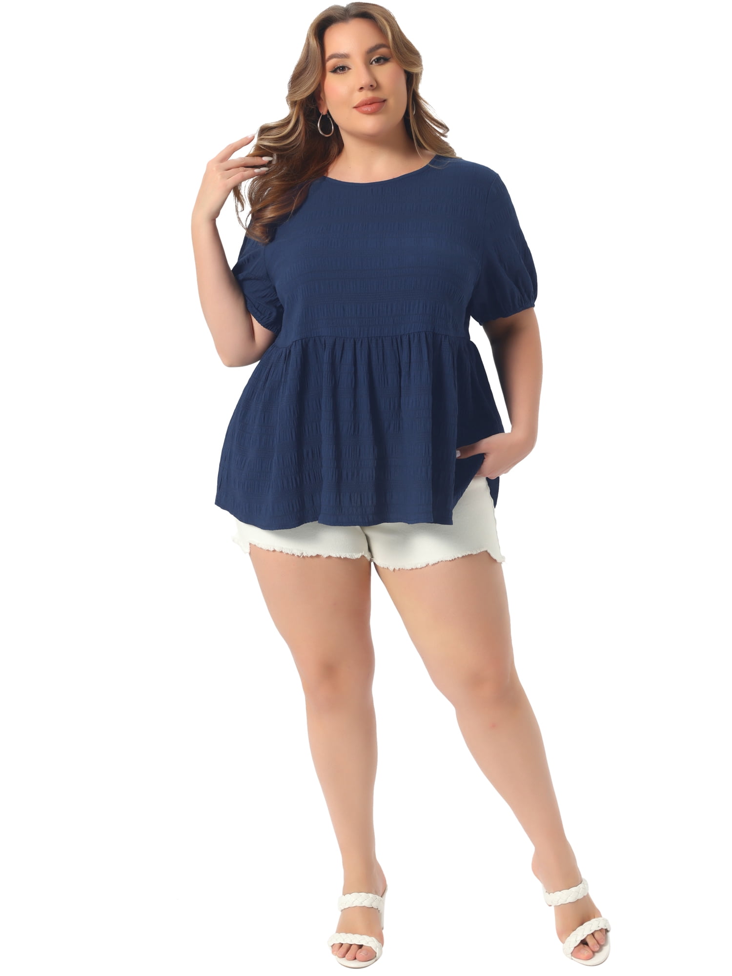 DARING DIVA Women's Plus Babydoll Tops Crewneck  Loose Fit Flowy Blouse 2X Navy Blue