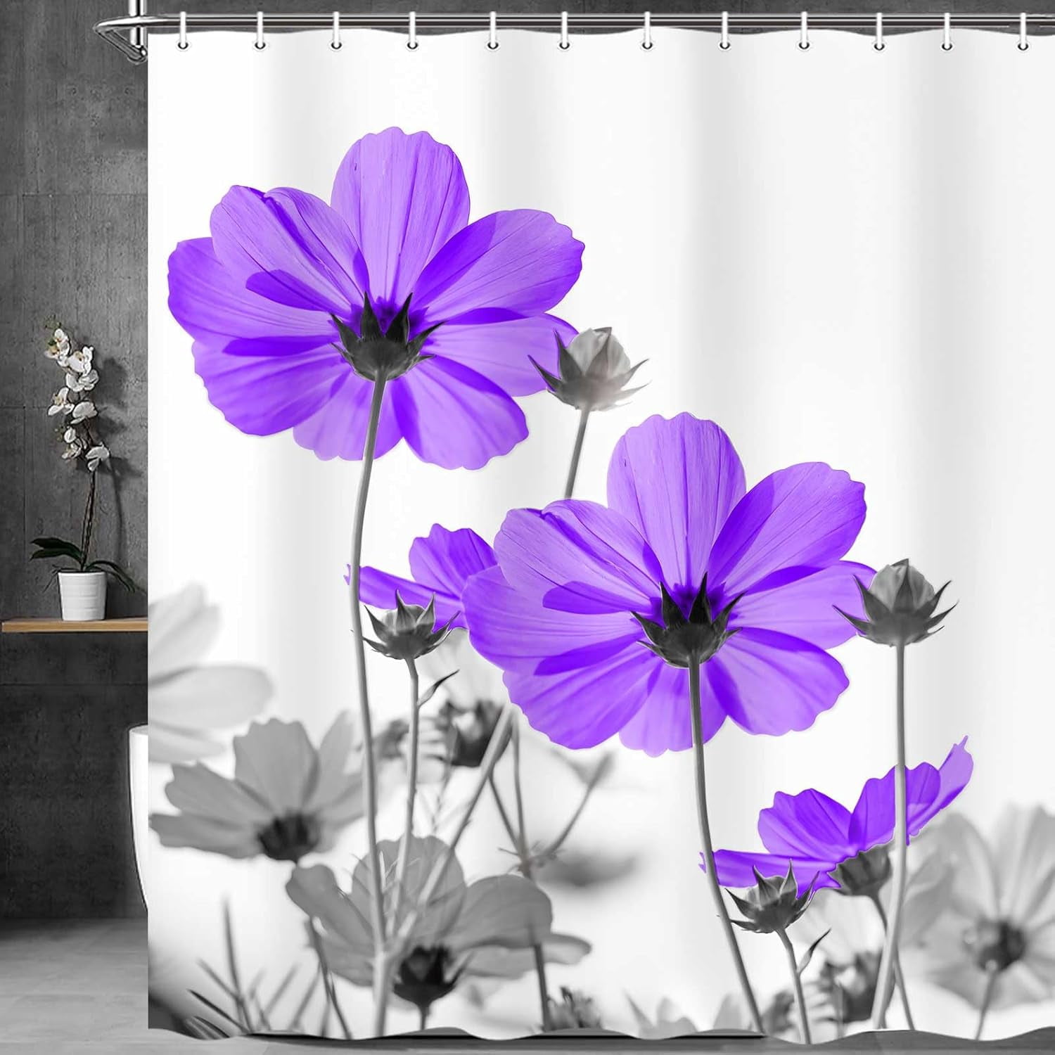 Unique Floral Purple Shower Curtain for Bathroom Decor, Purple and Gray Daisy Flower Elegant Wildflower Design Farmhouse Shower Curtains with Hooks Set, 72X72in