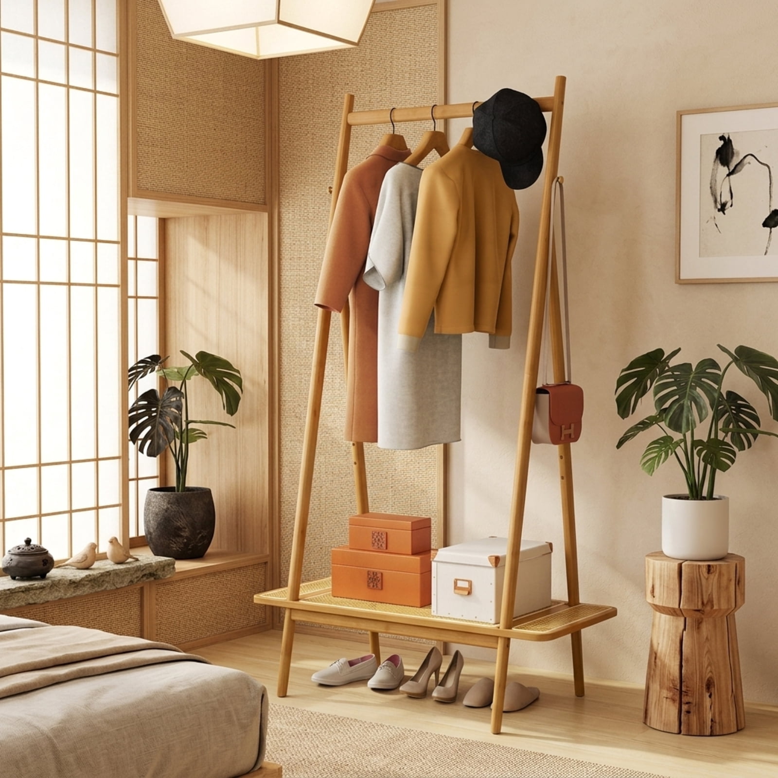 Furnibear Bamboo Clothes Rack with Hanging Rod Rattan Shelf and 5 Copper Hooks Freestanding Garment Rack for Bedroom and Entryway, Natural