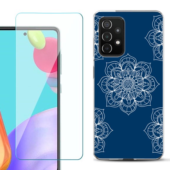Slim-Fit Flexible Gel TPU Phone Case compatible with Samsung Galaxy A52 5G, with Tempered Glass Screen Protector, by OneToughShield ® - Mandala / Blue