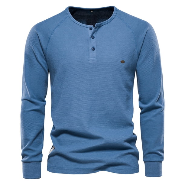 Camiseta de manga larga para hombre, color liso, diseño con cuello, corte holgado, poliéster, prenda informal para otoño-invierno